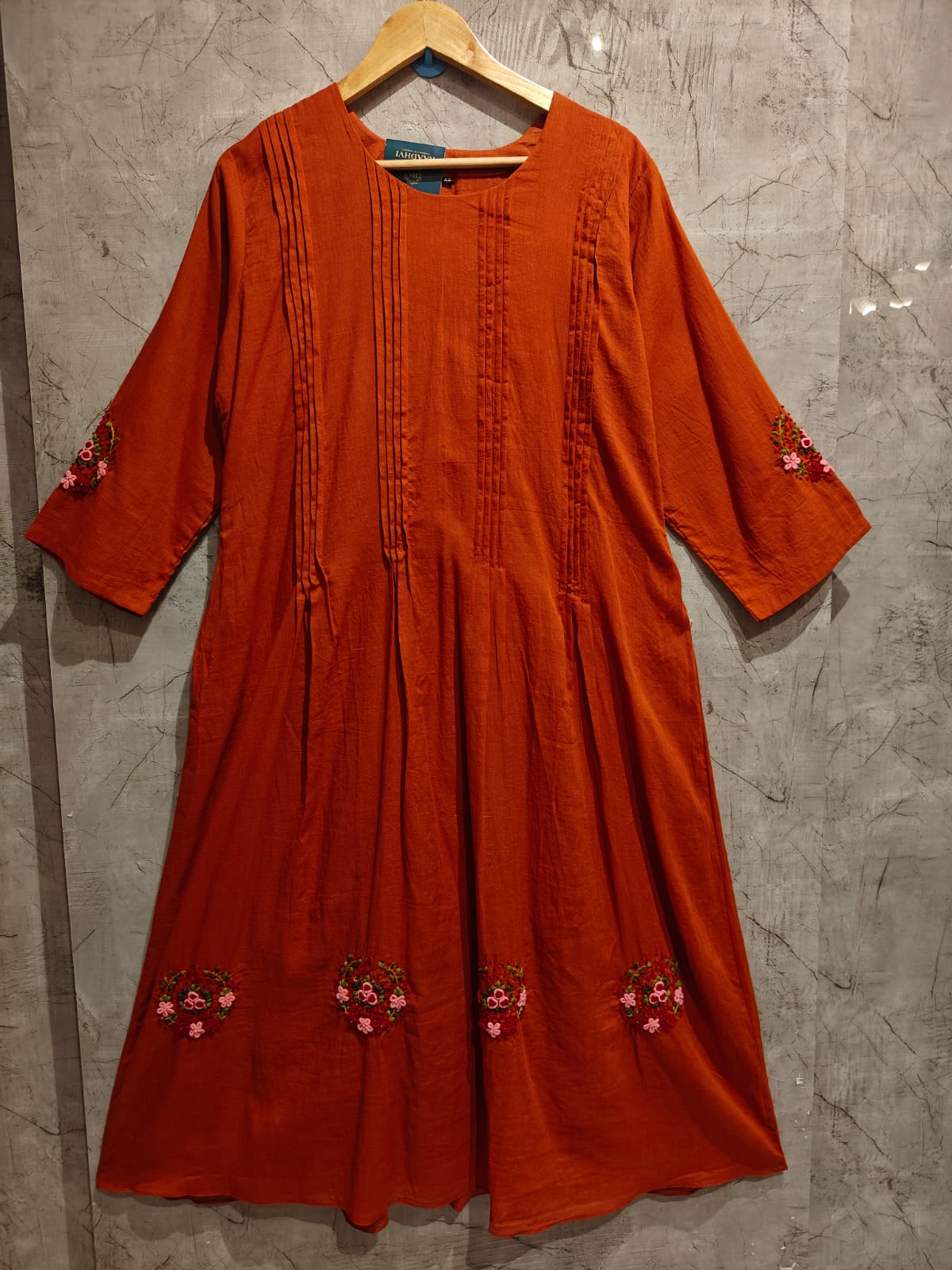 Orange Mul Cotton Thread Embroidery Airline Kurtha