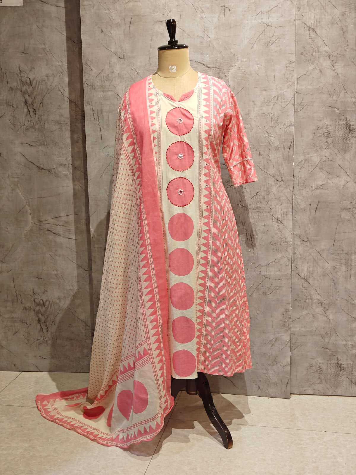 Pink Cotton Hand Embroidery Straight Fit Kurtha