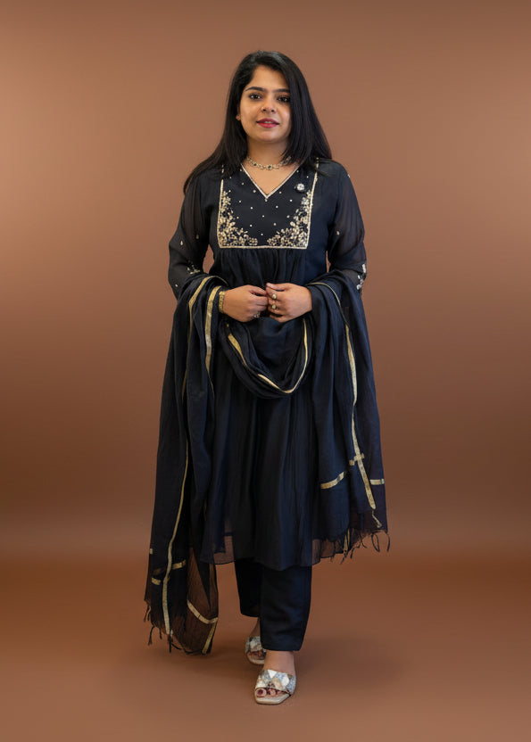 Black Mul Chanderi Hand Embroidery Anarkali Kurtha 228