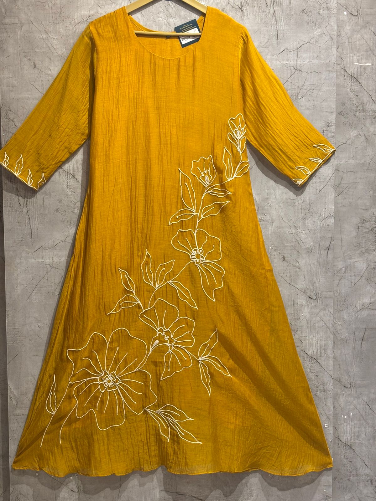 Musturd Yellow Mul Chanderi Thread Work Airline Kurtha