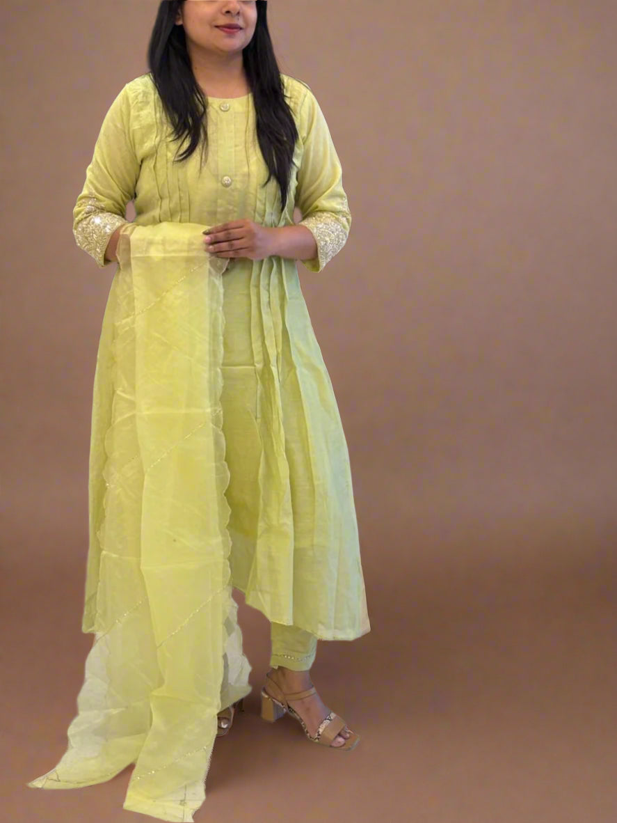 "pani" Pista Green Chanderi Silk Anarkali Handwork Kurtha Set