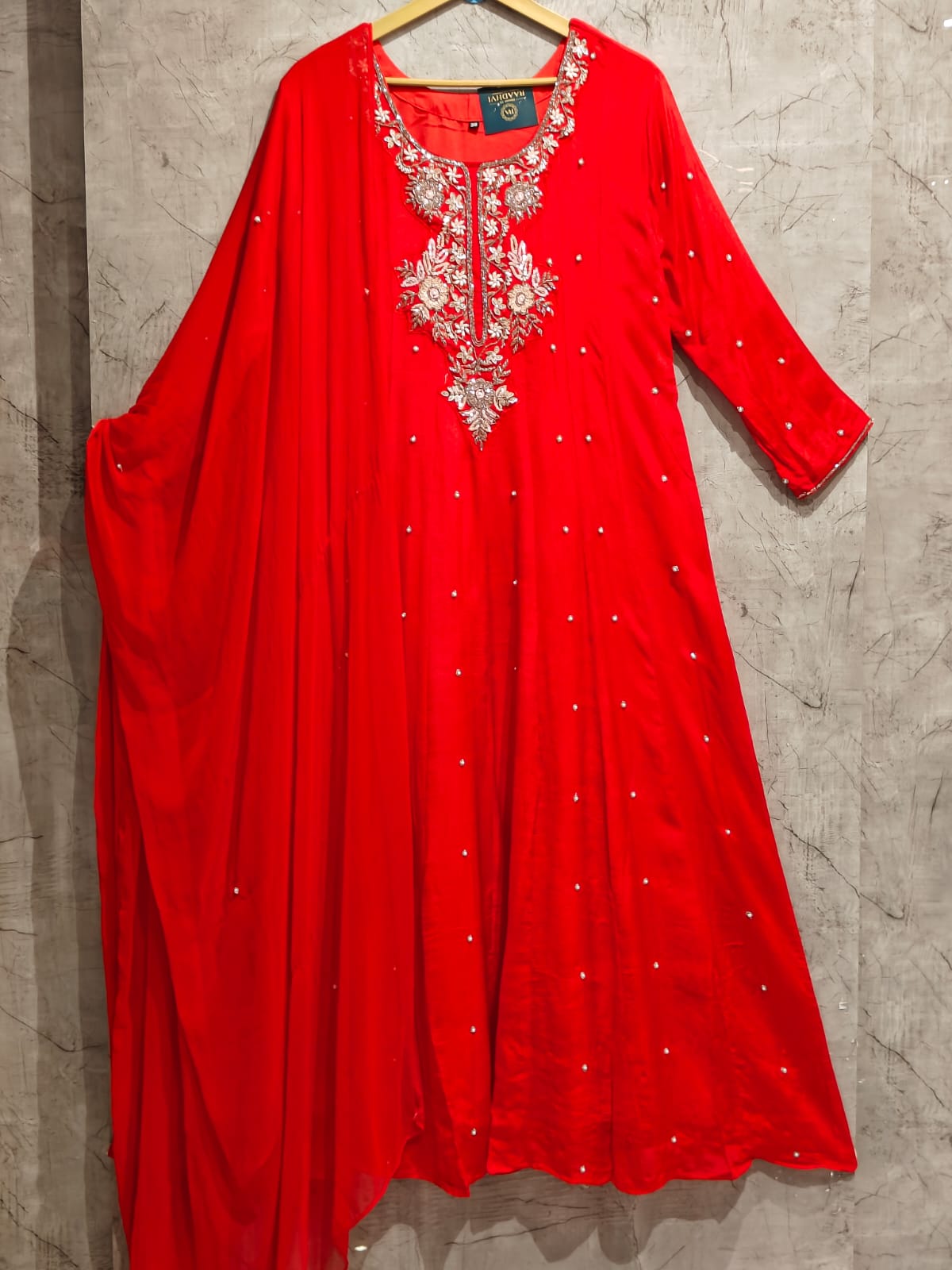 Red Anarkali Chinnon Hand Embroidery Kurtha 567