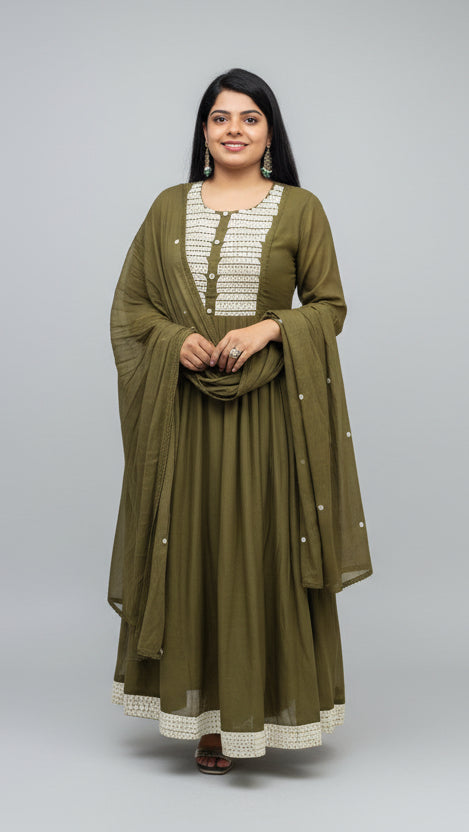Mehendi Green Mul Cotton Anarkali Kurtha 329