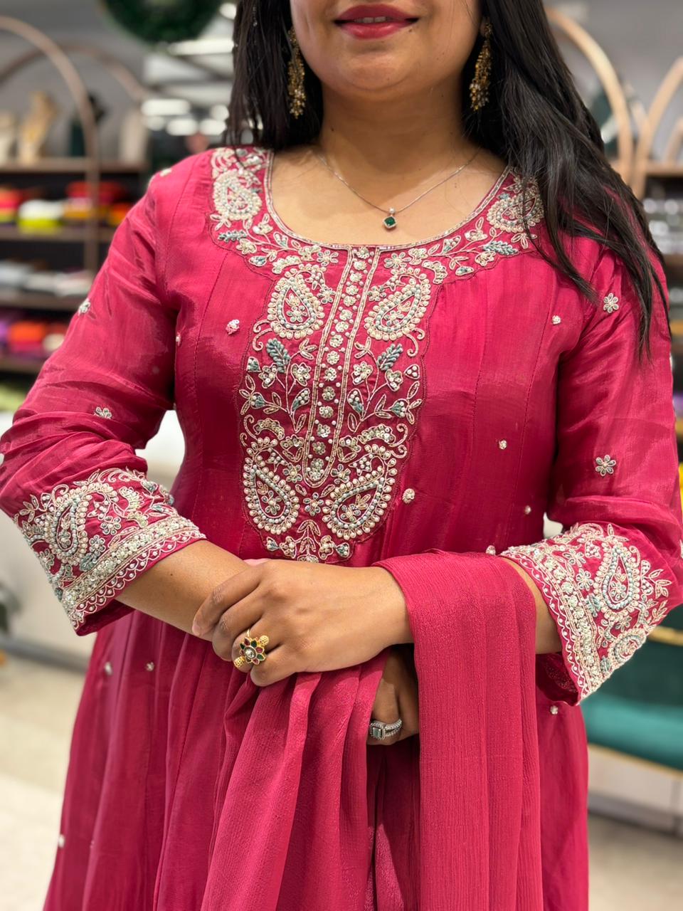 Pink Anarkali Chinnon Hand Embroidery Kurtha 567