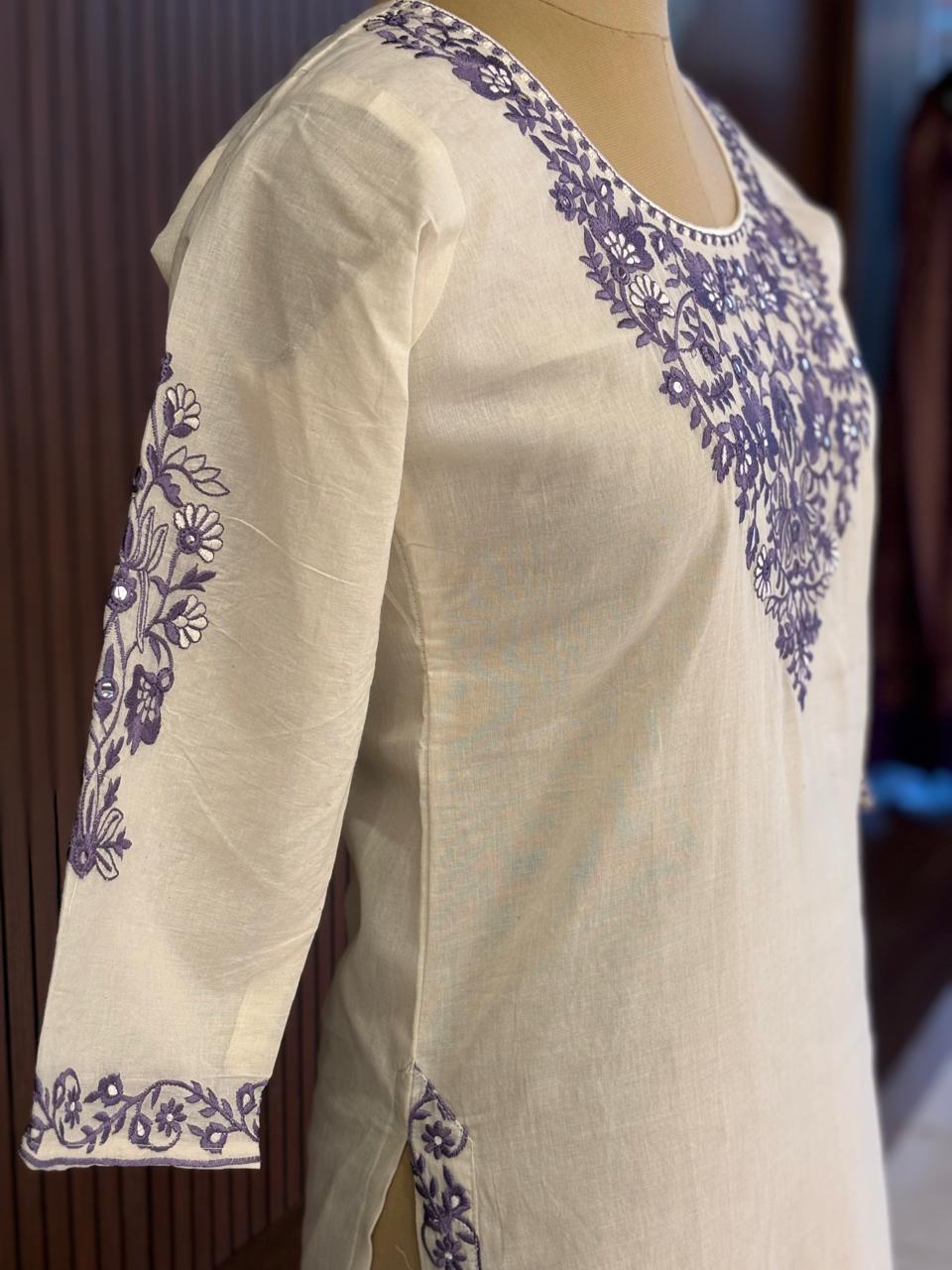 White Cotton Thread Embroidery Work Straight Fit Kurtha 482