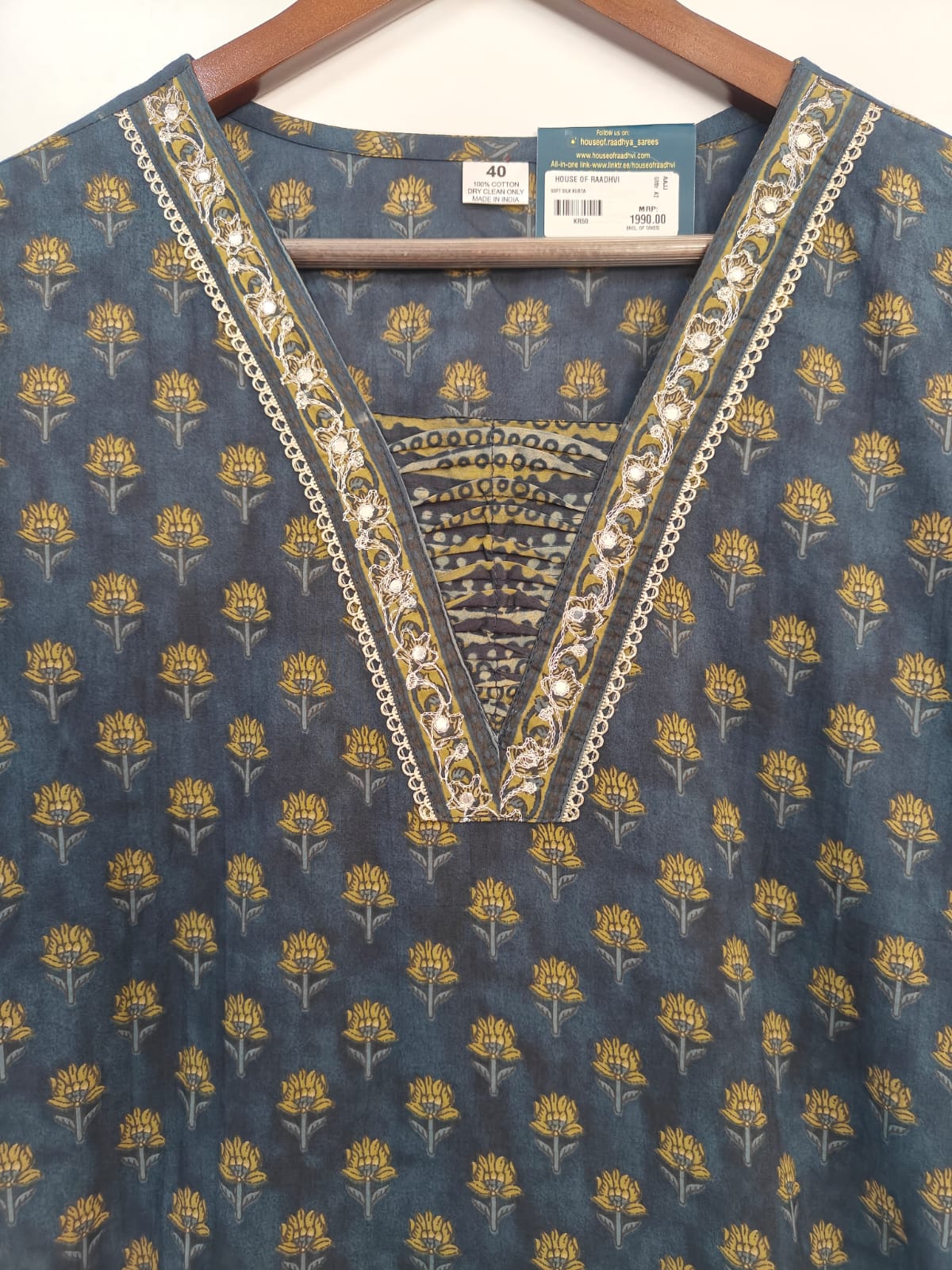 Steal Blue Cotton Block Print Straight Fit Kurtha