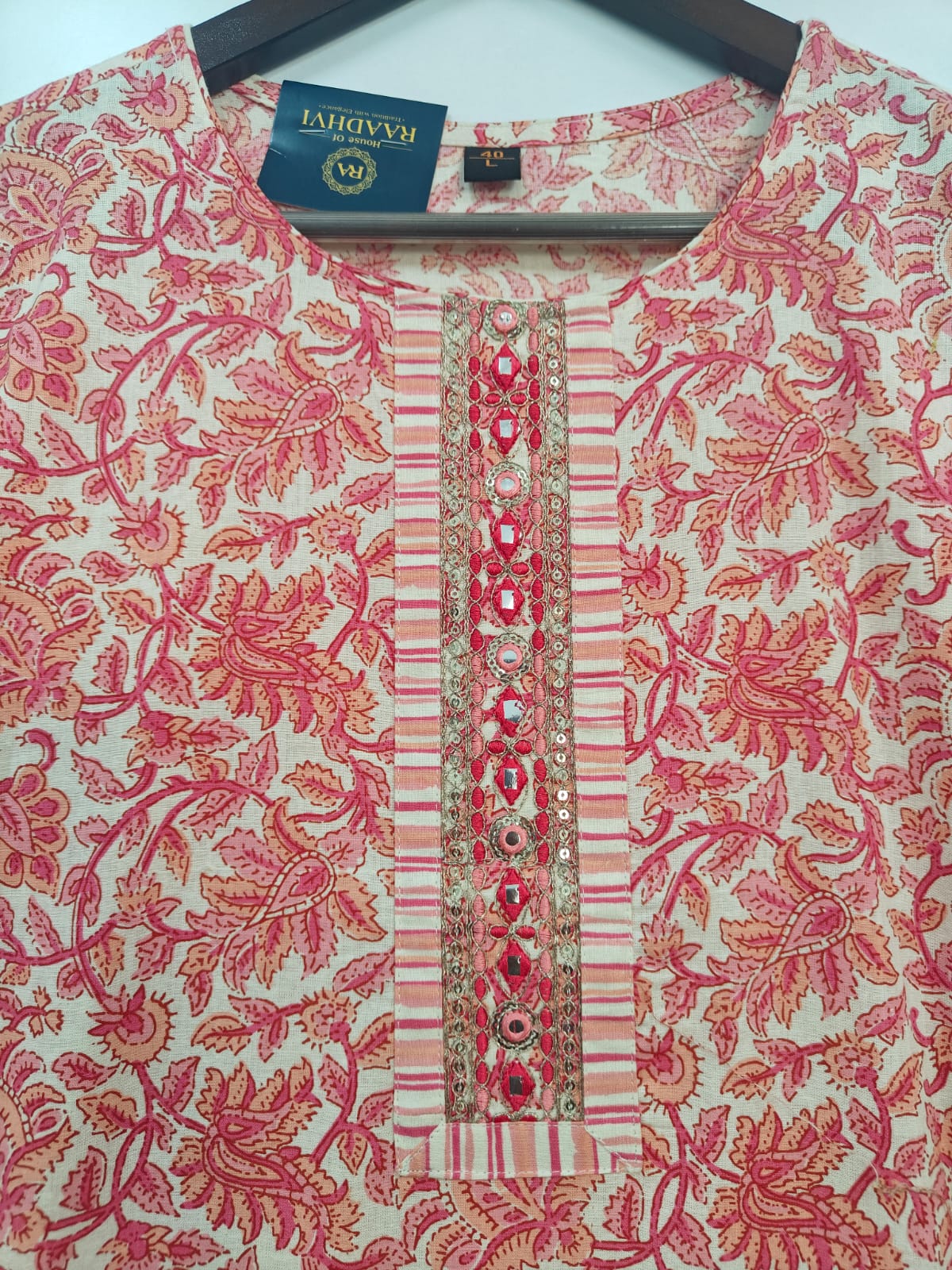Pink Cotton Block Print Straight Fit Kurtha