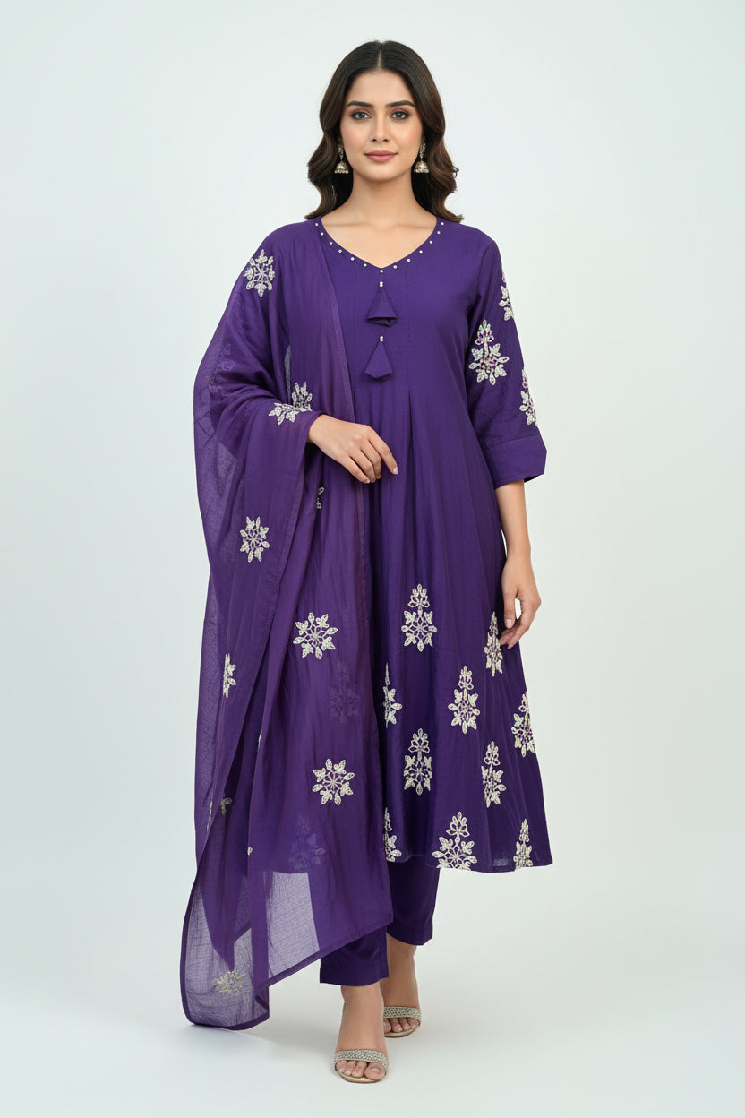 Purple Mul Chanderi Thread Embroidery Airline Kurtha 439