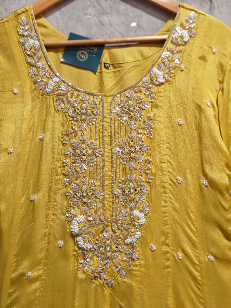 Yellow Anarkali Chinnon Hand Embroidery Kurtha 567