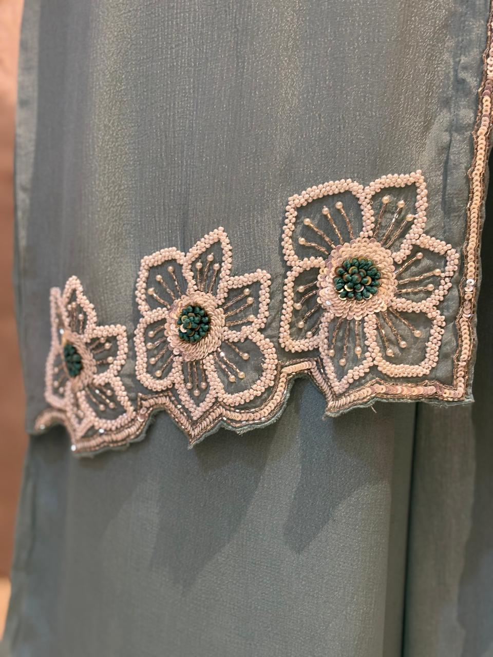 "PARI" Blue Designer Kurtha 43 Set with Handwork Top, Palazoo and Jacket Indo-western cape