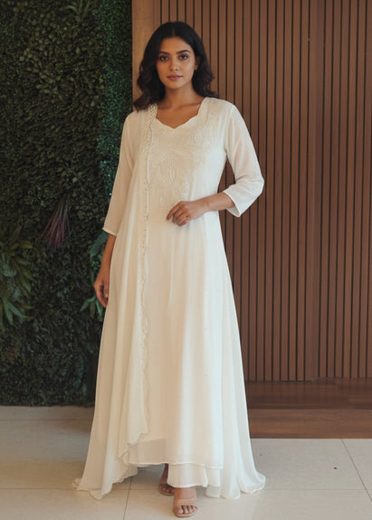 White Anarkali Chinnon Handwork Partyware Kurtha 567