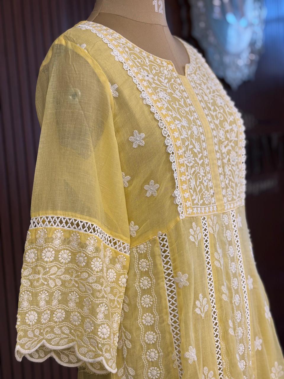 Lemon Yellow designer Hakkoba chicken curry work Anarkali Kurtha 459
