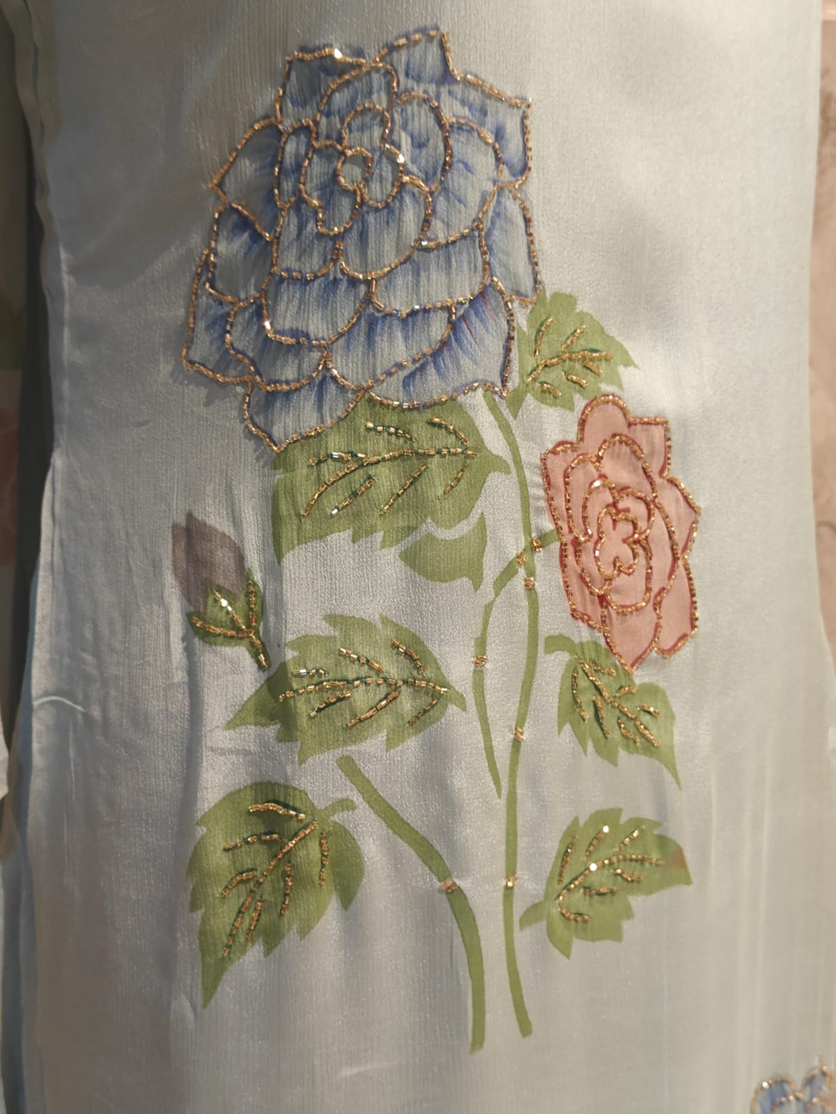 Sky Blue Crepe Airline Hand Embroidery Kurtha 765