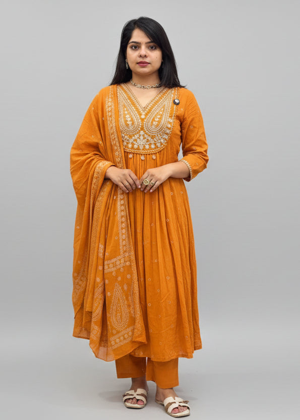 Orange Cotton Hand Embroidery Airline Kurtha 677