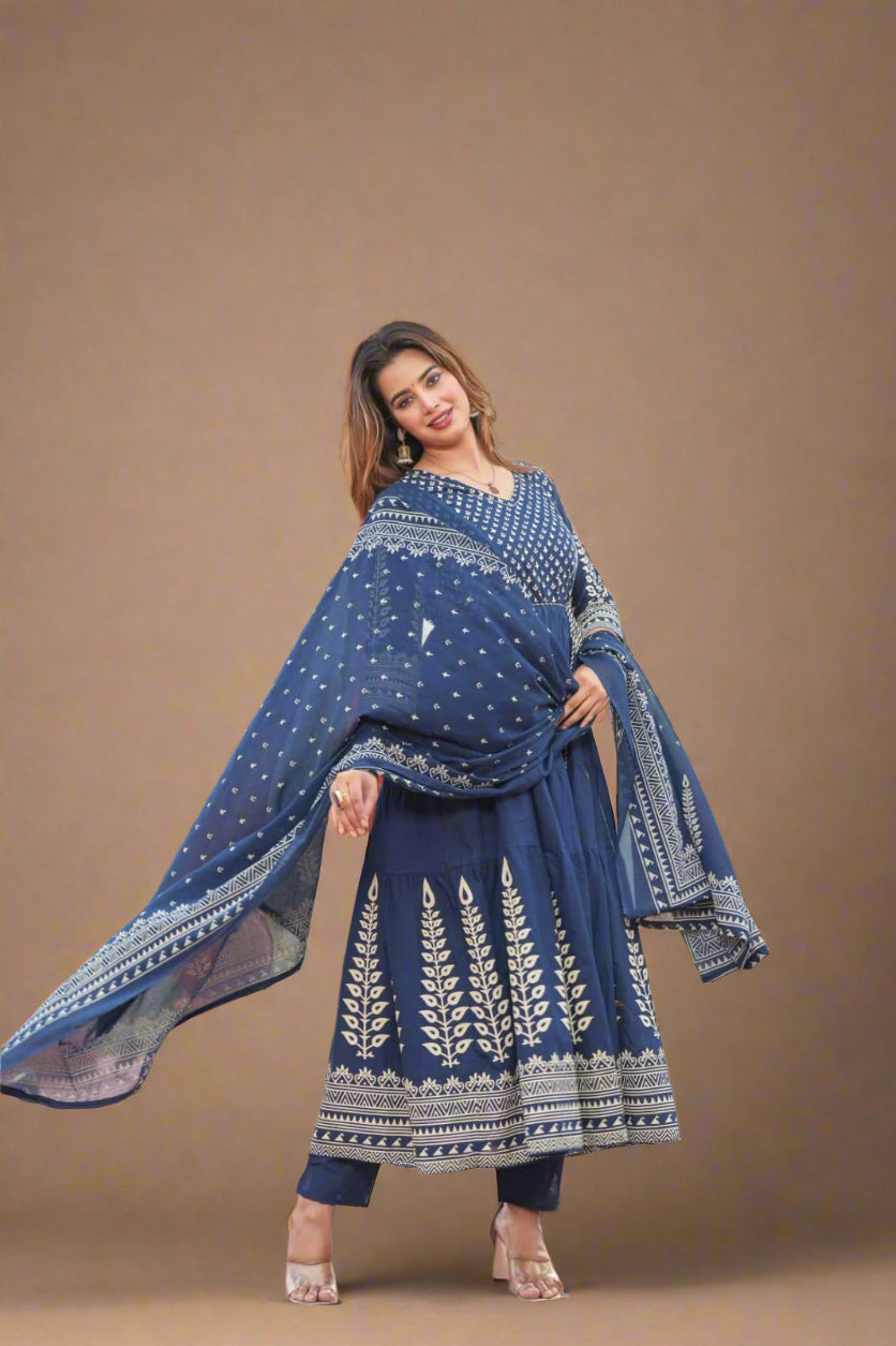 "Naya" Pista Green Mul Cotton Block Print Anarkali Kurtha 100