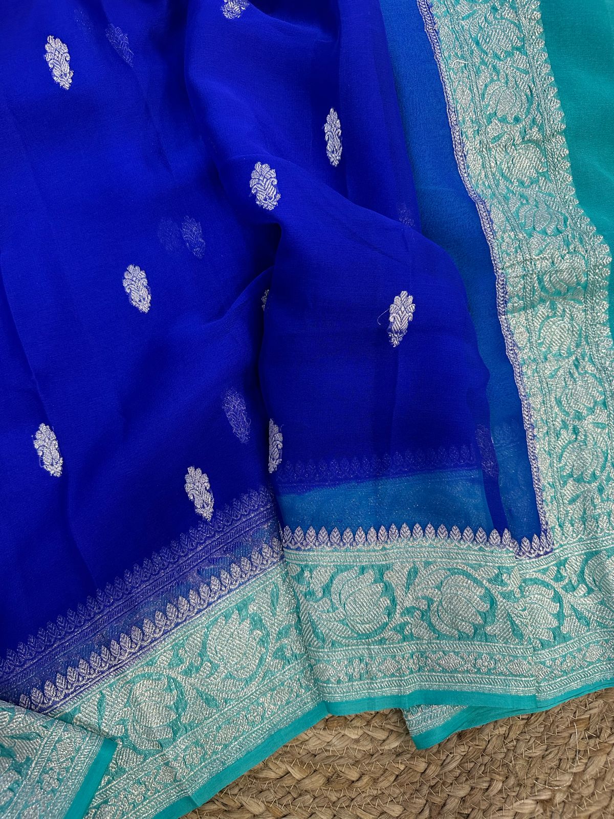 Blue with sky blue benarasi pure chiffon saree