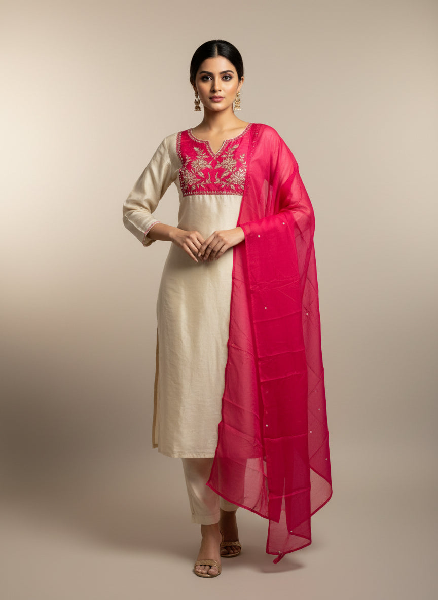 White nd Pink Shimer Hand Embroidery Straight Fit Kurtha 341