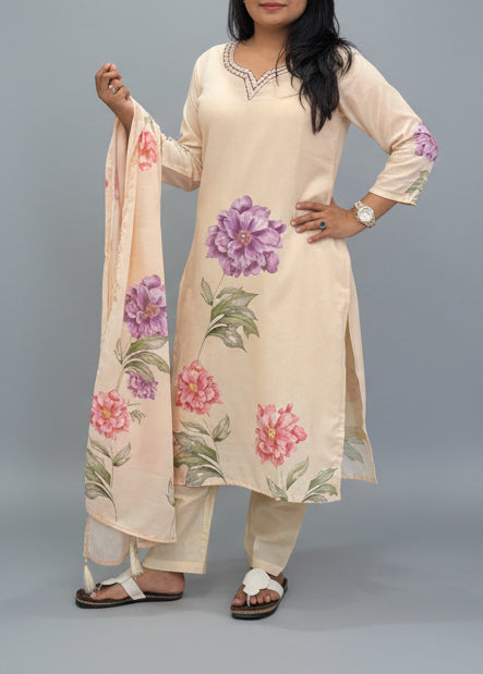 Beige Cotton Hand Embroidery Straight Fit Kurtha 483