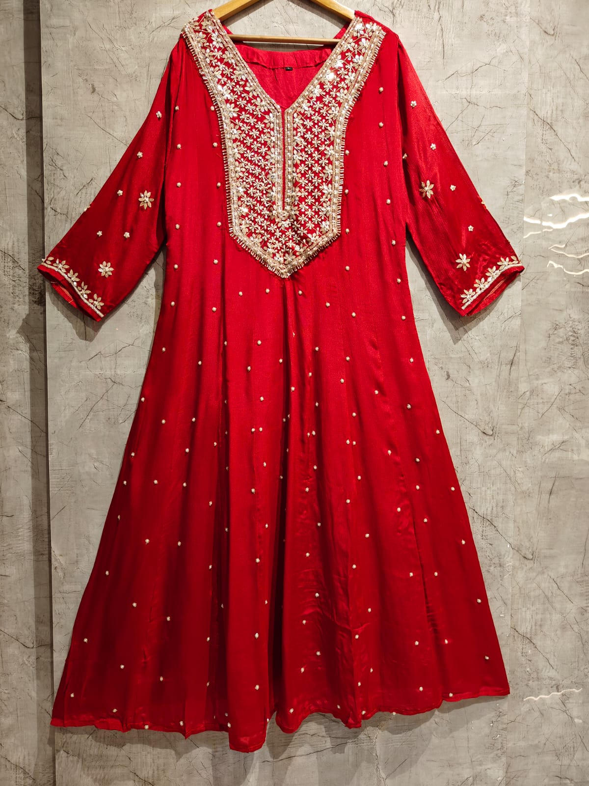 Red Anarkali Chinnon Hand Embroidery Kurtha 567