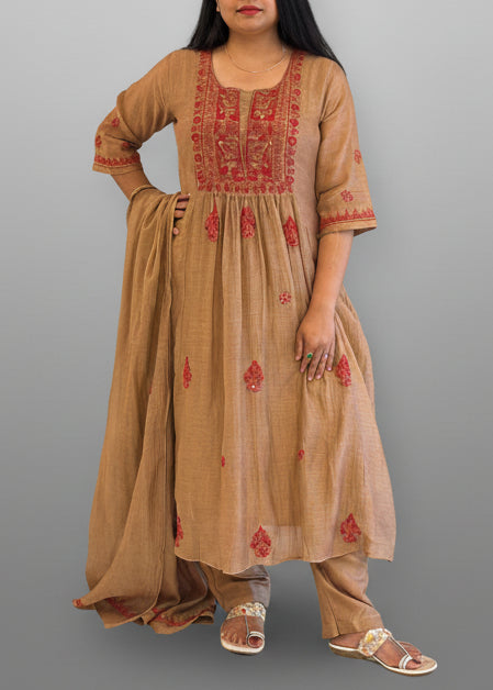 Light Brown Mul Chanderi Hand Embroidery Airline Kurtha 935