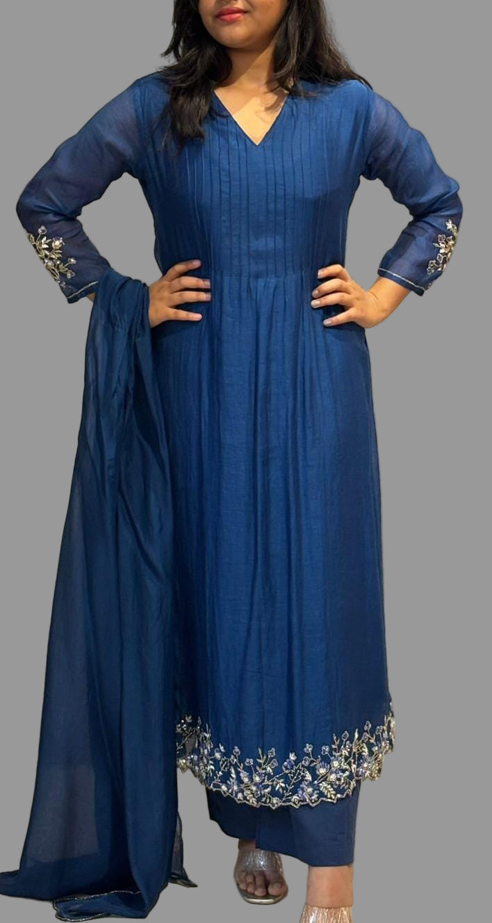 Blue Mul Chanderi Hand Embroidery Anarkali Kurtha 131