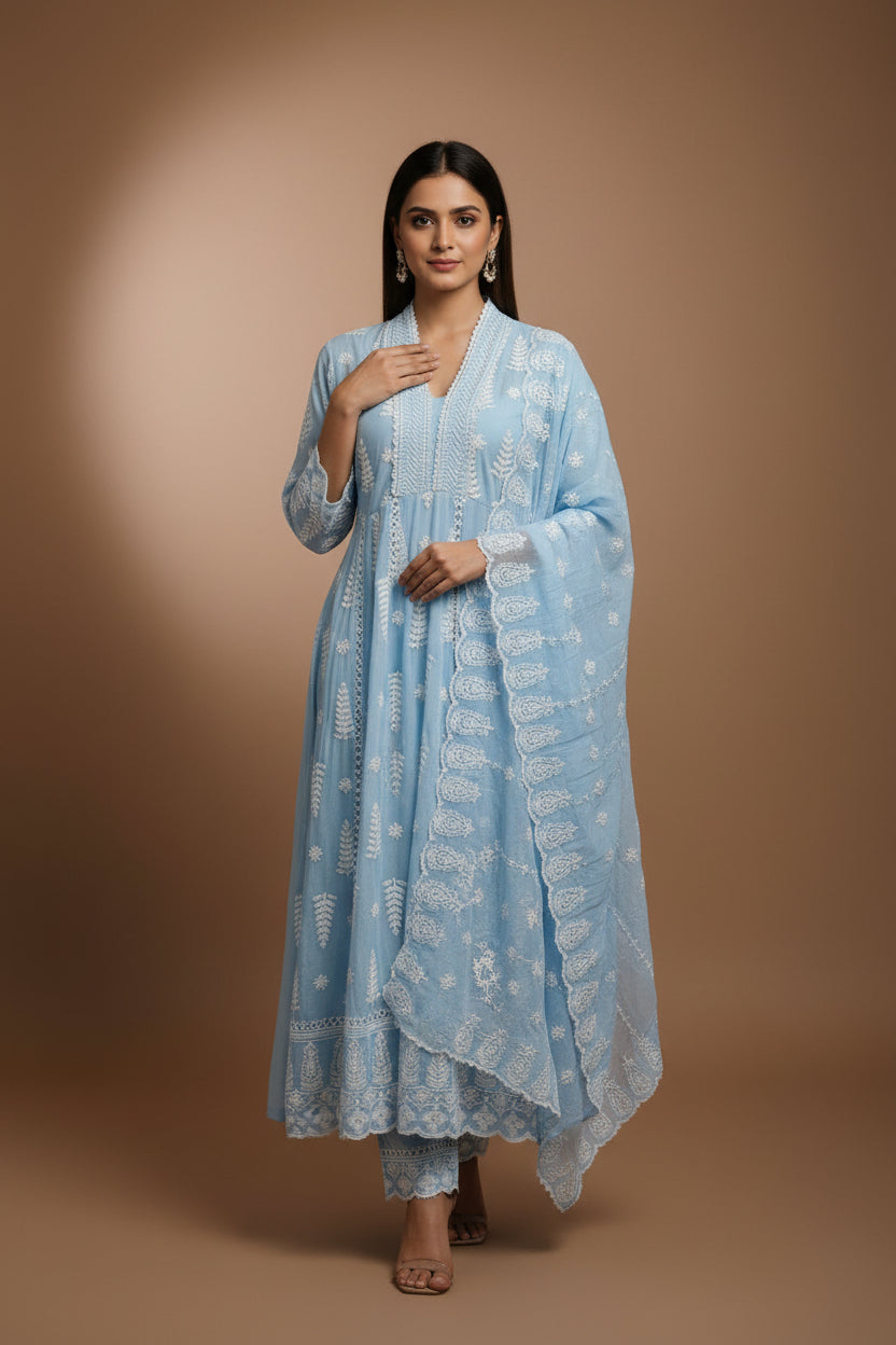 Sky Blue Cotton Hacoba Work Anarkali Kurtha 459