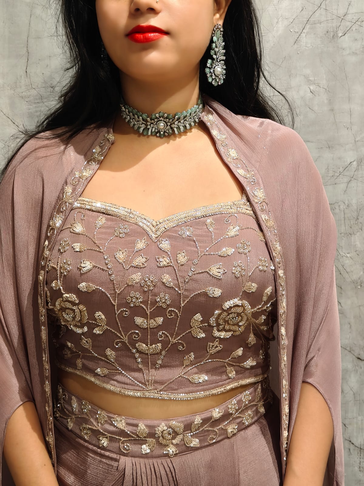 “Pari" Lilac Indo-western handwork Top, Skirt and Cape kurtha 42