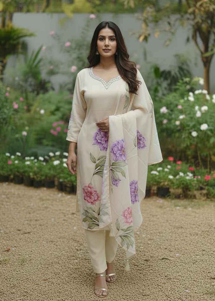 Beige Cotton Hand Embroidery Straight Fit Kurtha 483