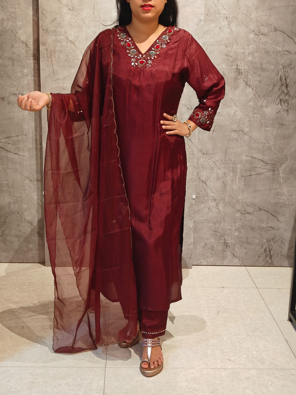Maroon Dola Silk Hand Embroidery Airline Kurtha