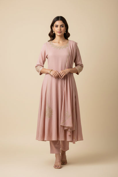 Gray  Mul Chanderi Airline Handwork Kurtha 581