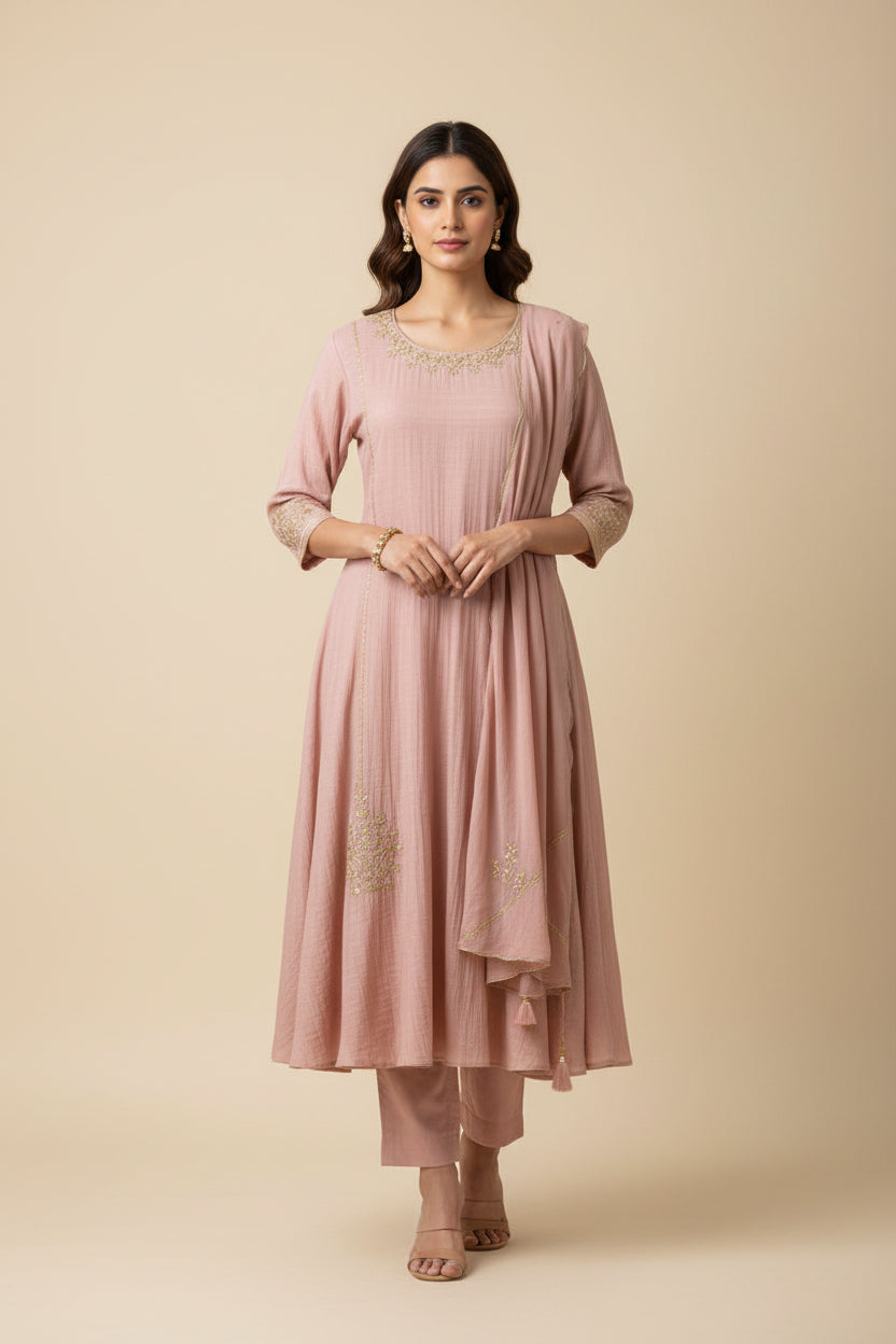 Gray  Mul Chanderi Airline Handwork Kurtha 581