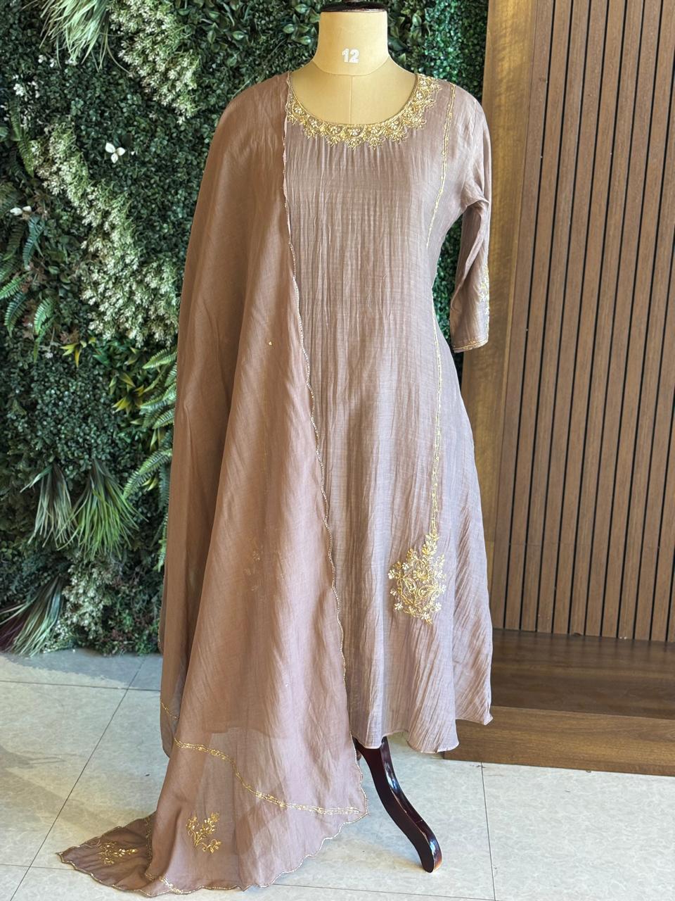 Gray  Mul Chanderi Airline Handwork Kurtha 581