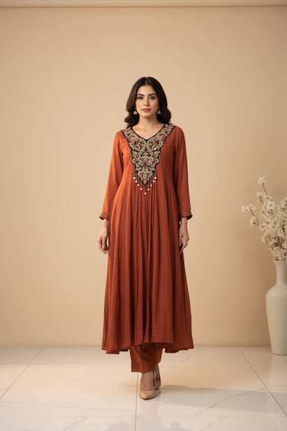 Rustic ornage MUL CHANDHERI Handwork Partyware Kurtha 225