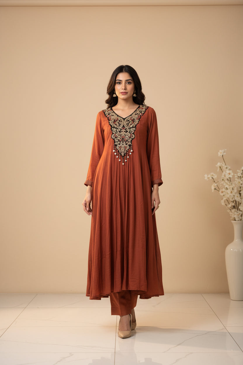 Rustic ornage MUL CHANDHERI Handwork Partyware Kurtha 225