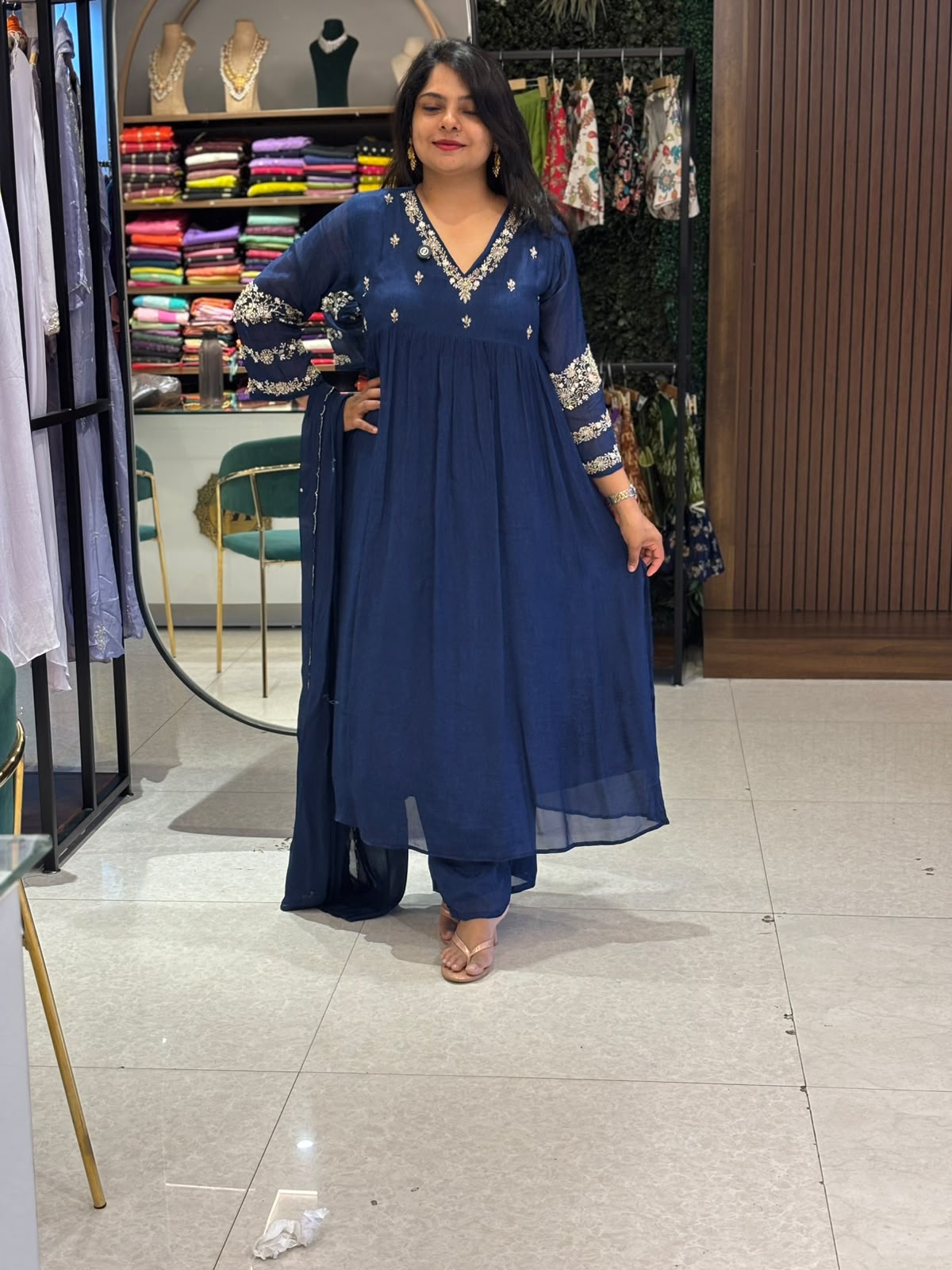 Dark Blue Chinnon Hand Embroidery Airline Kurtha 555