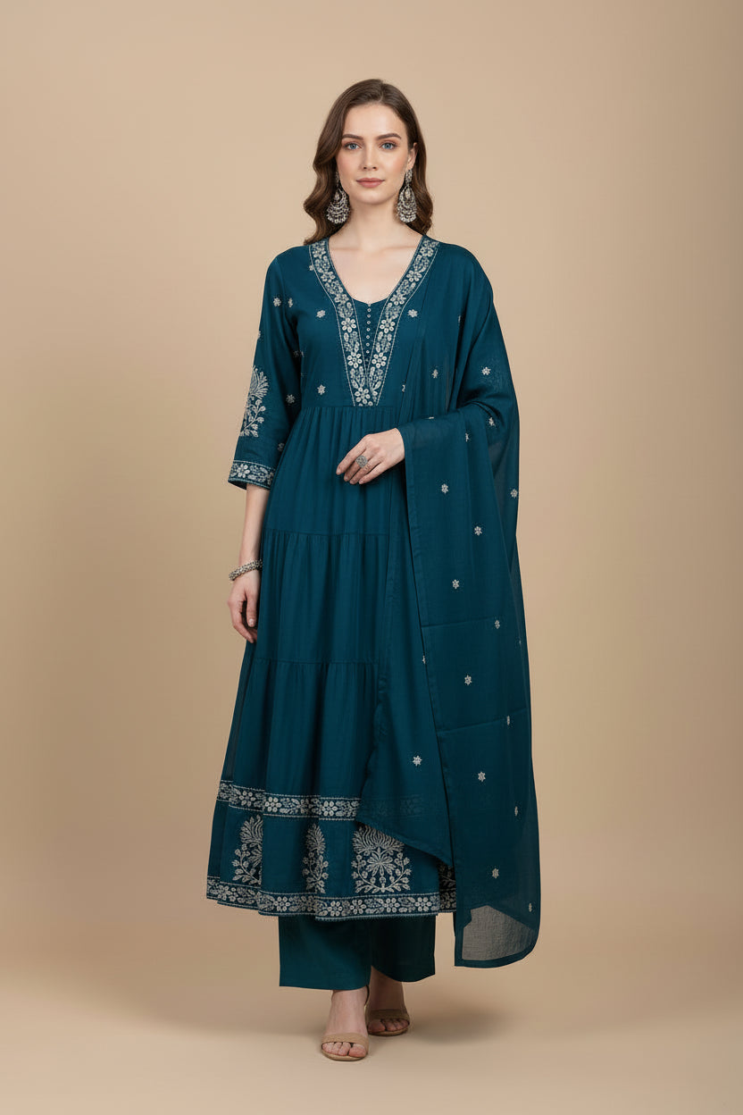 Navy Blue Cotton Thread Embroiedry Anarkali  Kurtha