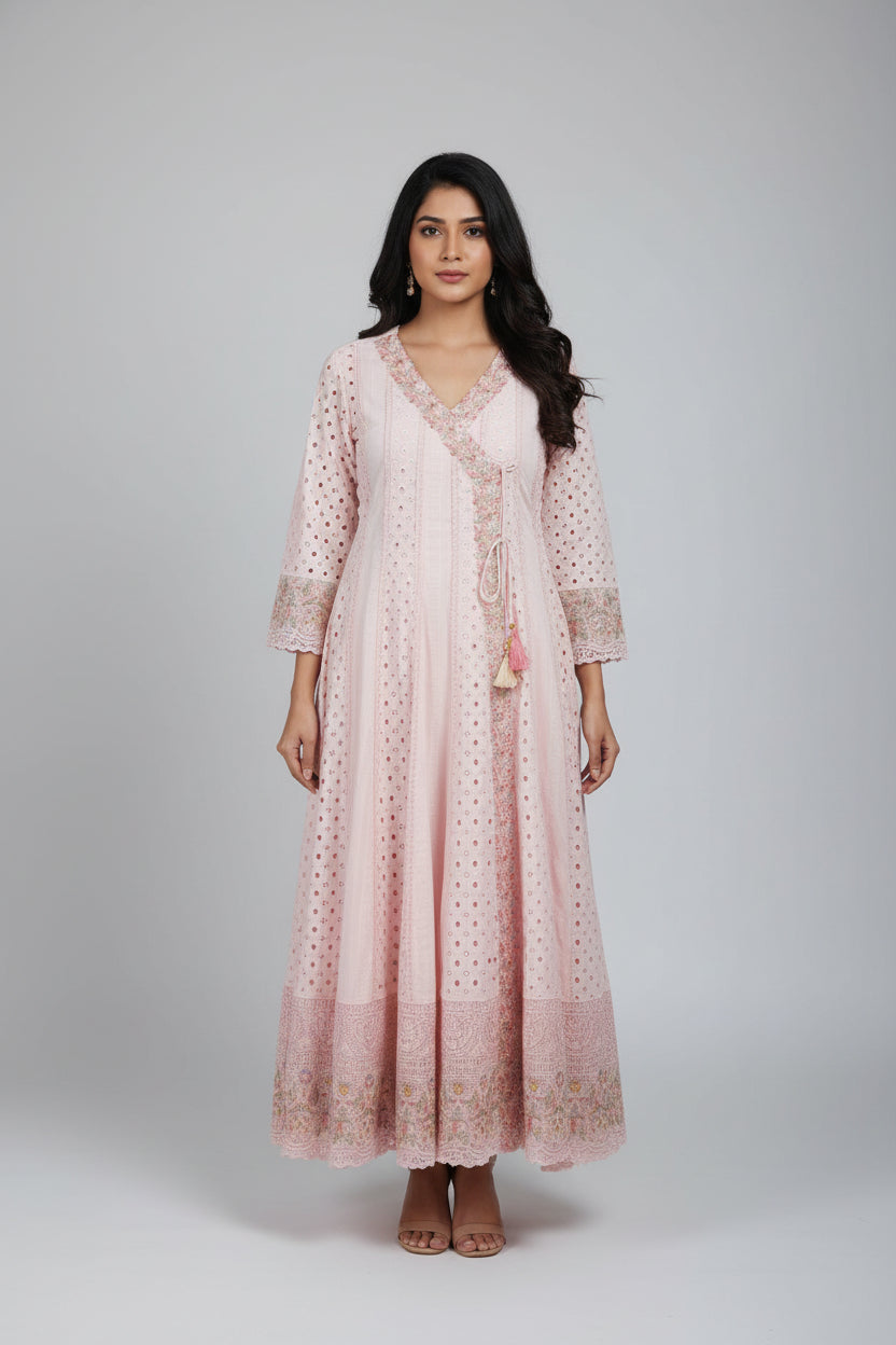 Baby Pink  designer Hakoba chicken curry work Anarkali Kurtha 459