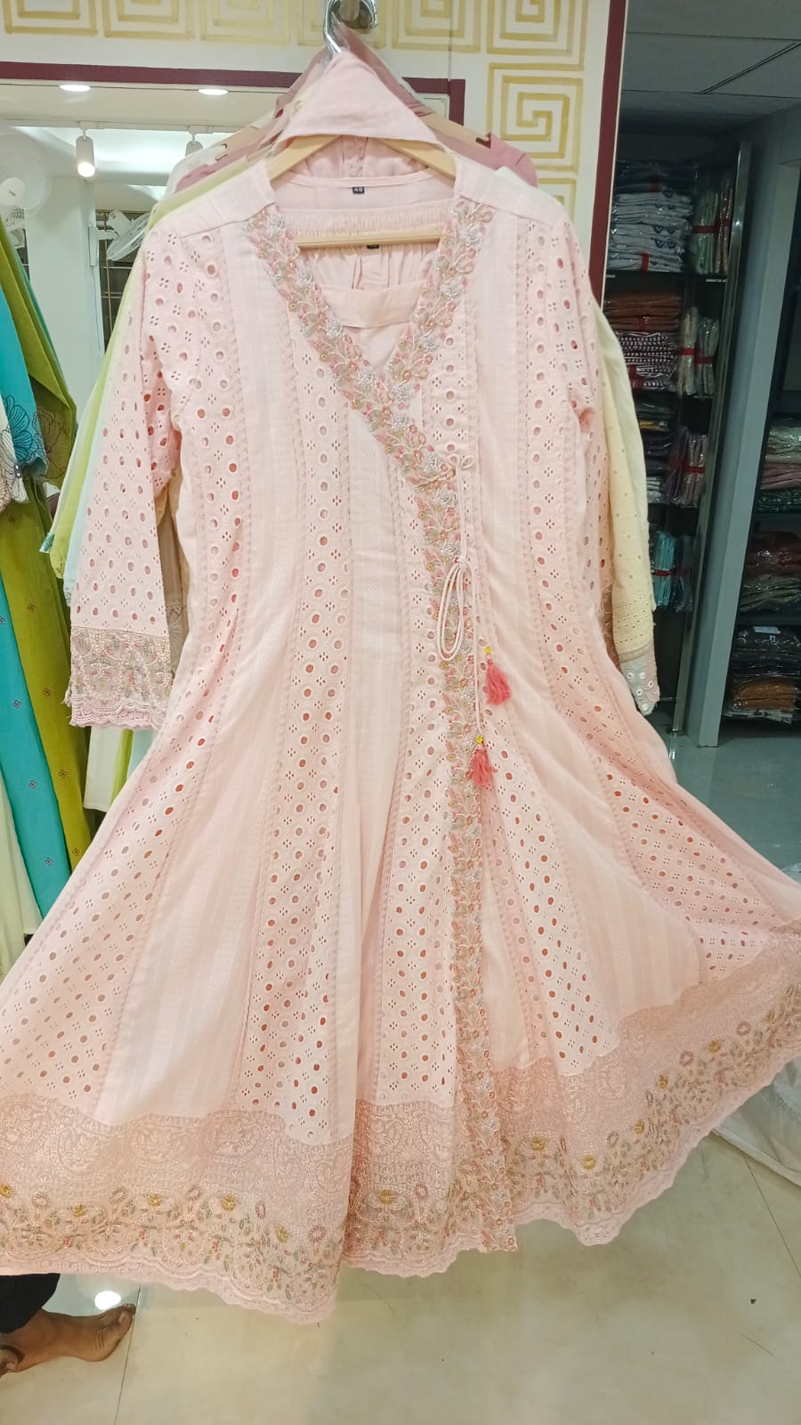 Baby Pink  designer Hakoba chicken curry work Anarkali Kurtha 459