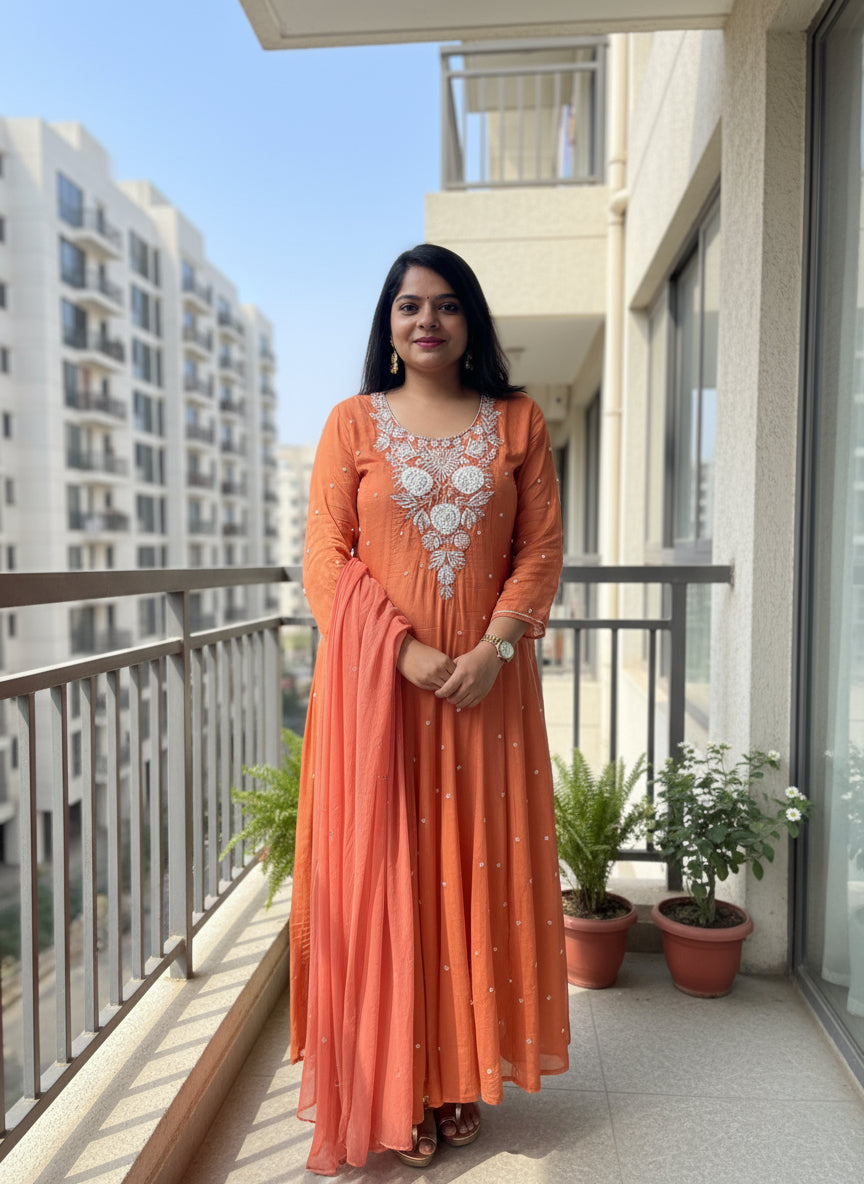 Orange Anarkali Chinnon Hand Embroidery Kurtha 567