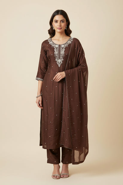 Brown Anarkali Chinnon Hand Embroidery Kurtha 567