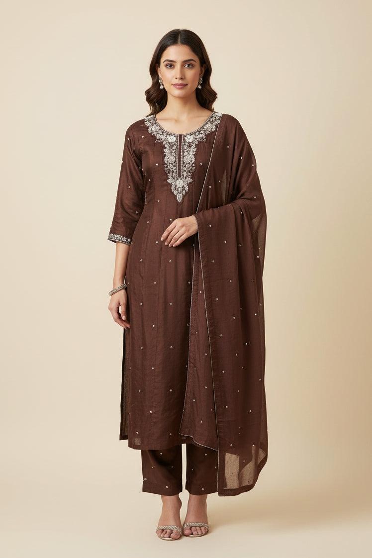 Brown Anarkali Chinnon Hand Embroidery Kurtha 567