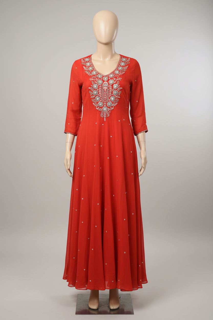 Orange Anarkali Chinnon Hand Embroidery Kurtha 567