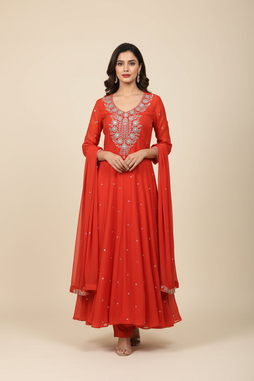 Orange Anarkali Chinnon Hand Embroidery Kurtha 567