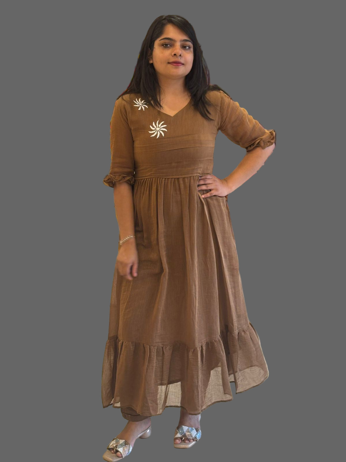 Brown Mul Chanderi Airline Cord Set