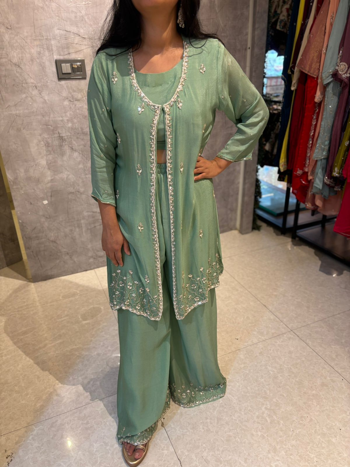 "PARI"  Sea Green Designer Kurtha 43 Set with Handwork Top, Palazoo and Jacket Indo-western cape