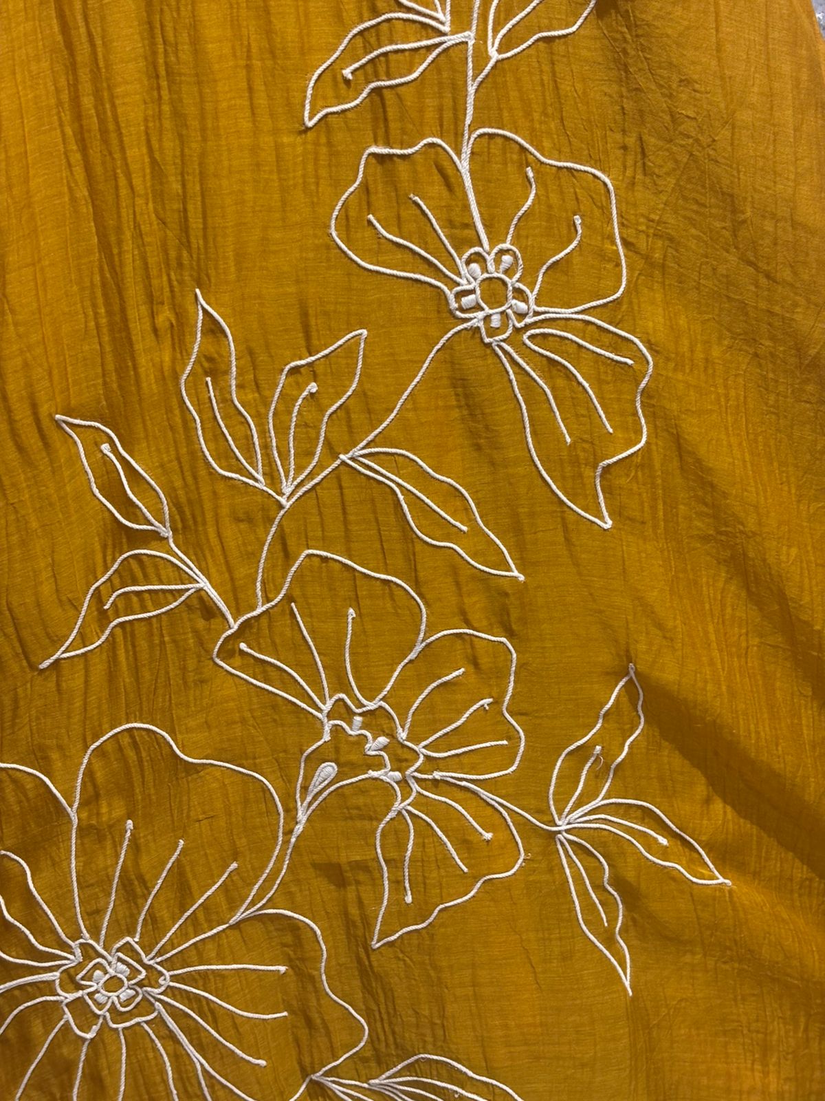 Musturd Yellow Mul Chanderi Thread Work Airline Kurtha