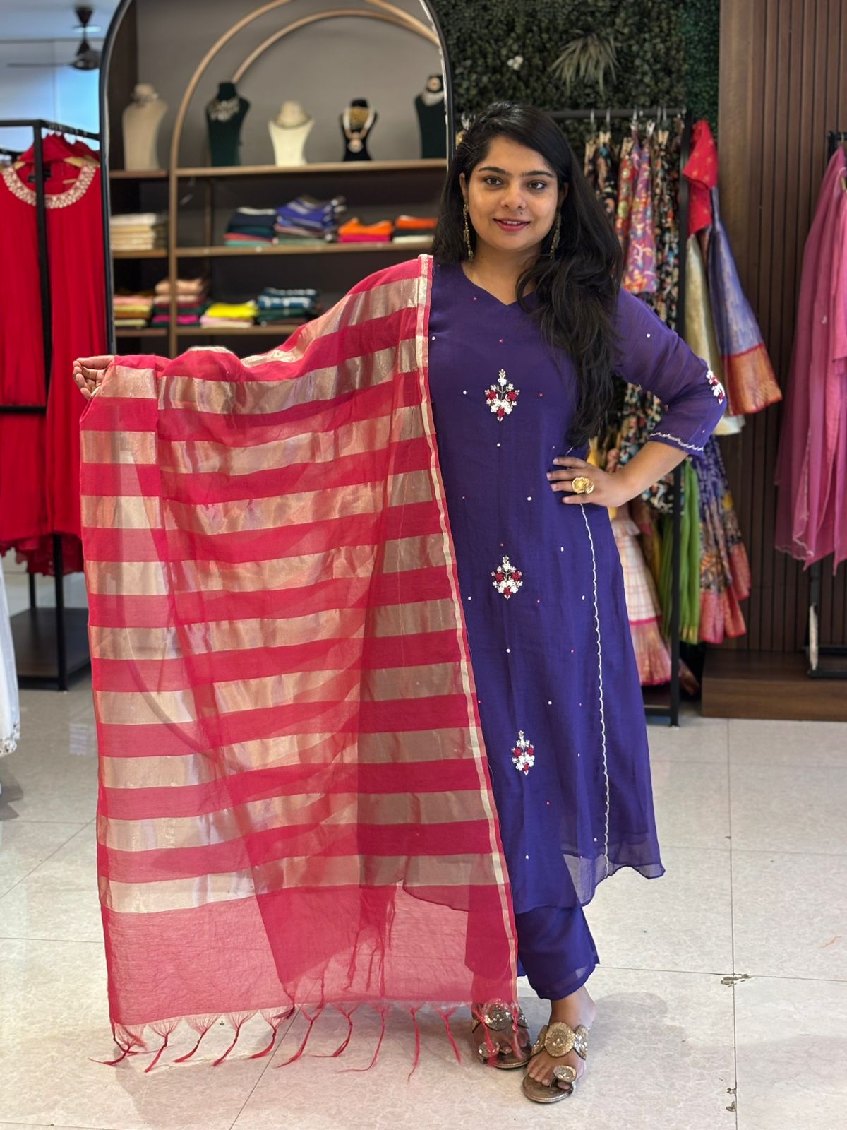 “Pani" Purple Mul Chanderi Silk Kurtha 101 With Handwork Embroidery