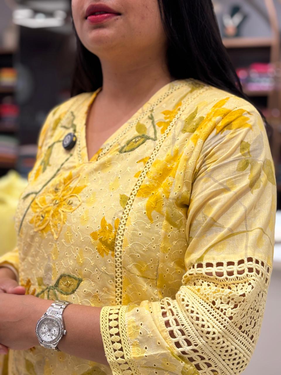 Yellow Cotton Airline Hacoba Work Kurtha