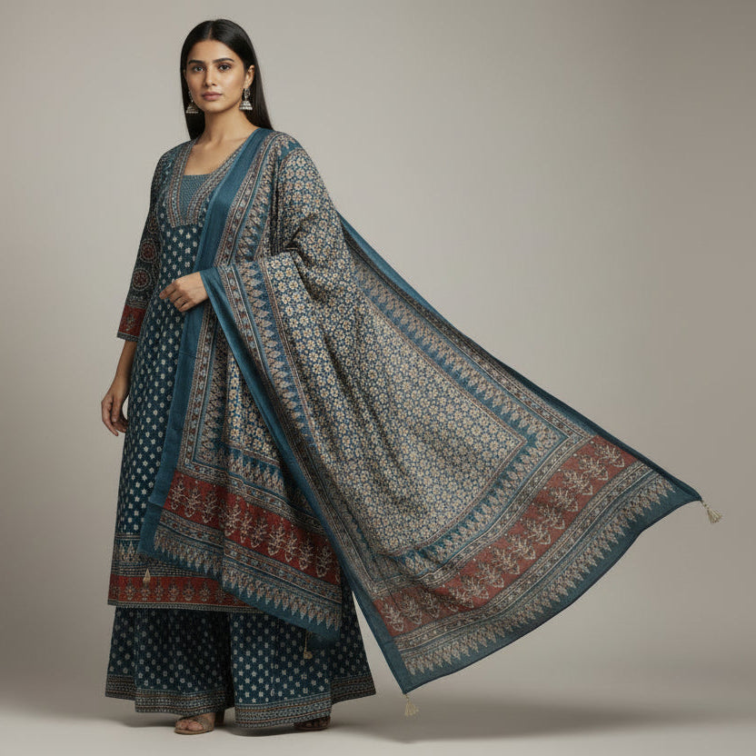 Peacock Blue Cotton Anarkali Block Print Kurtha 41