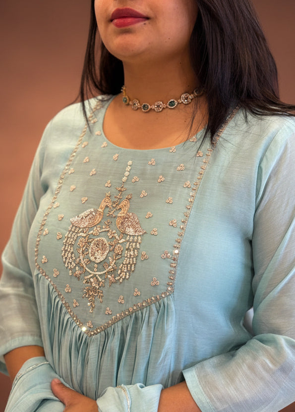 Blue Mul silk Thread Embroidery Airline Kurtha 909